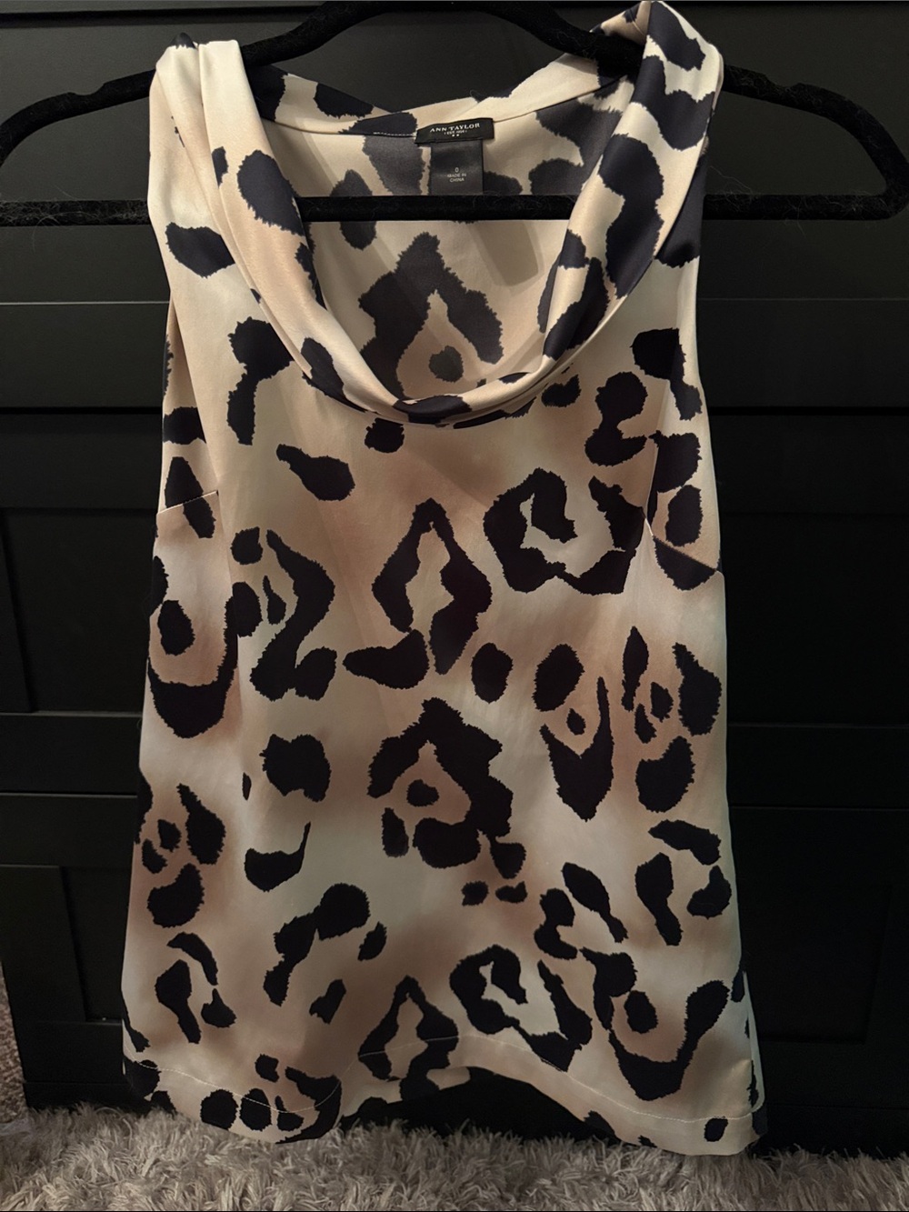 Ann Taylor Black and Cream Animal Print Cowl Neck Shell